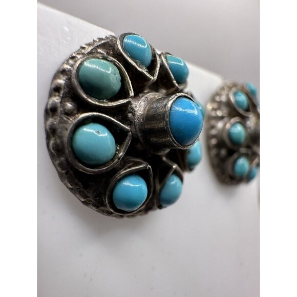 Vintage Sterling Silver & Turquoise Post-back Earrings Petit Point Southwest MEX - Picture 4 of 8